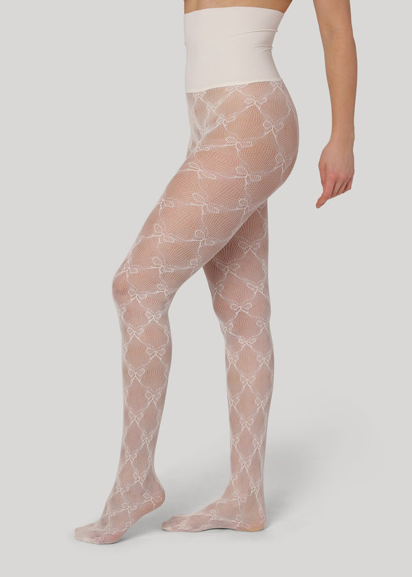 Our Emili Bow Lace are exclusive tights with a delicate bow lace pattern and an extra high waistband. 