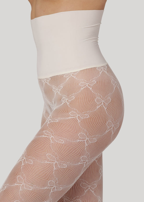 Our Emili Bow Lace are exclusive tights with a delicate bow lace pattern and an extra high waistband. 