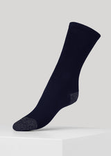 Our Malene ribbed cotton sock in Midnight with glitter in heel and toes is made of soft GOTS certified premium organic cotton yarn.