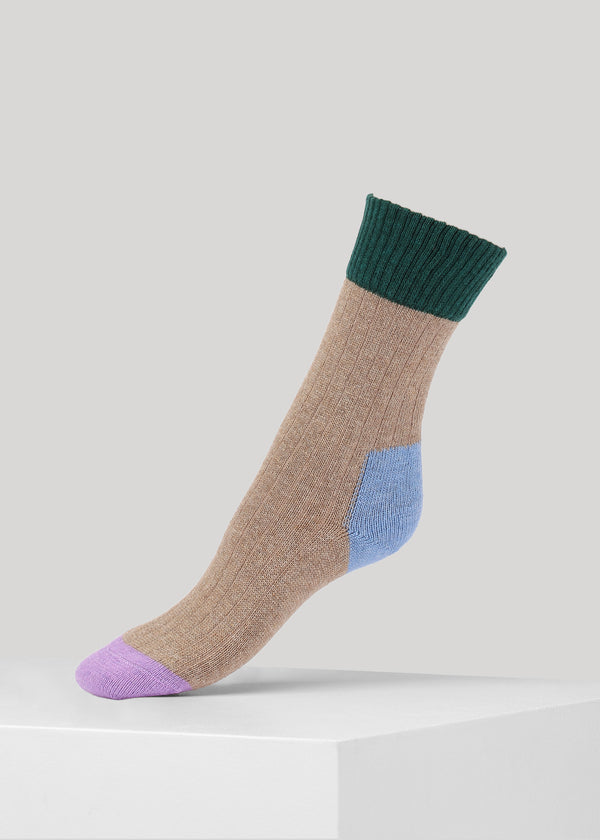 Esther Contrast Cashmere Socks - Beige/green/blue