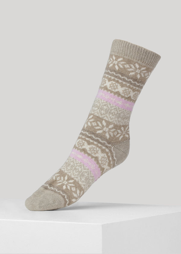 Ellen Norwegian Knit Socks - Beige / Rose